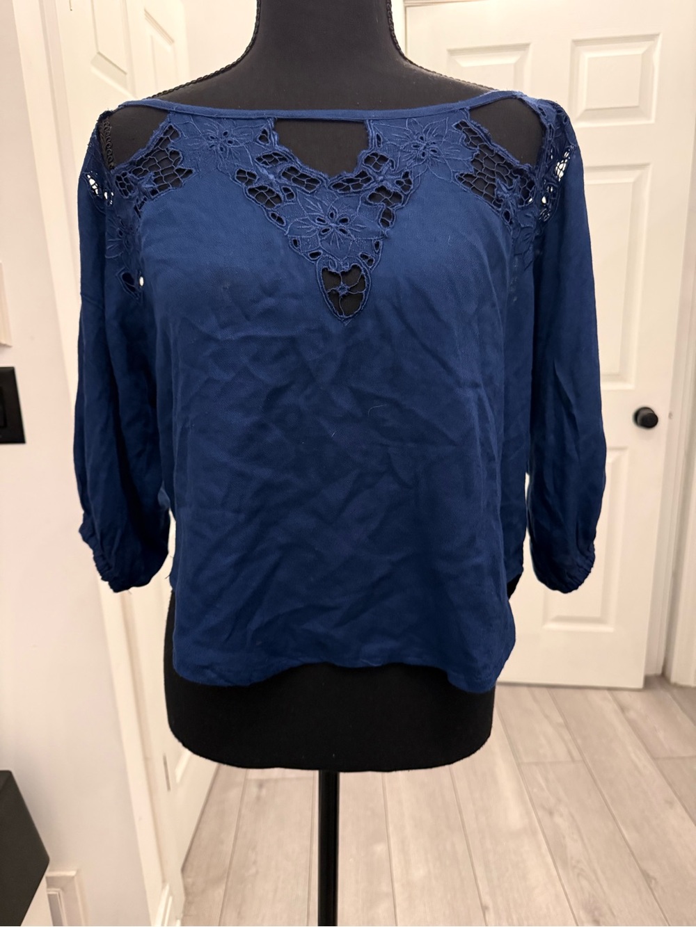 Tiare Hawaii Navy Blue Crochet Yoke Blouse